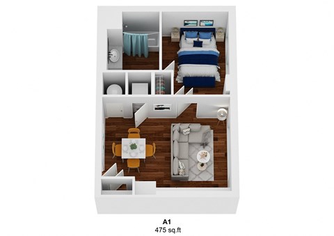a stylized 3d floor plan of a bedroom with a bed and a desk